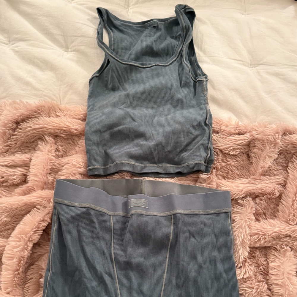 Skims Pajama Blue Ribbed Tank Top and Shorts Set